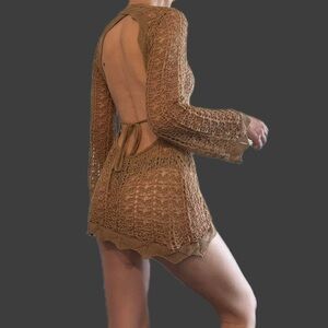 Elegant Open-Back Crochet Dress in Tan